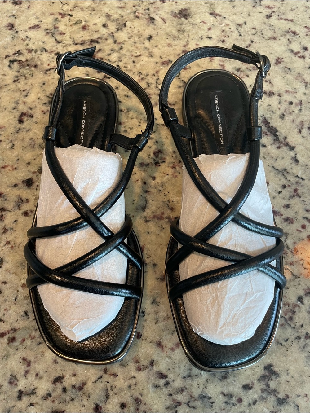 New French Connection Black Strappy Leather Flat Sandals 8